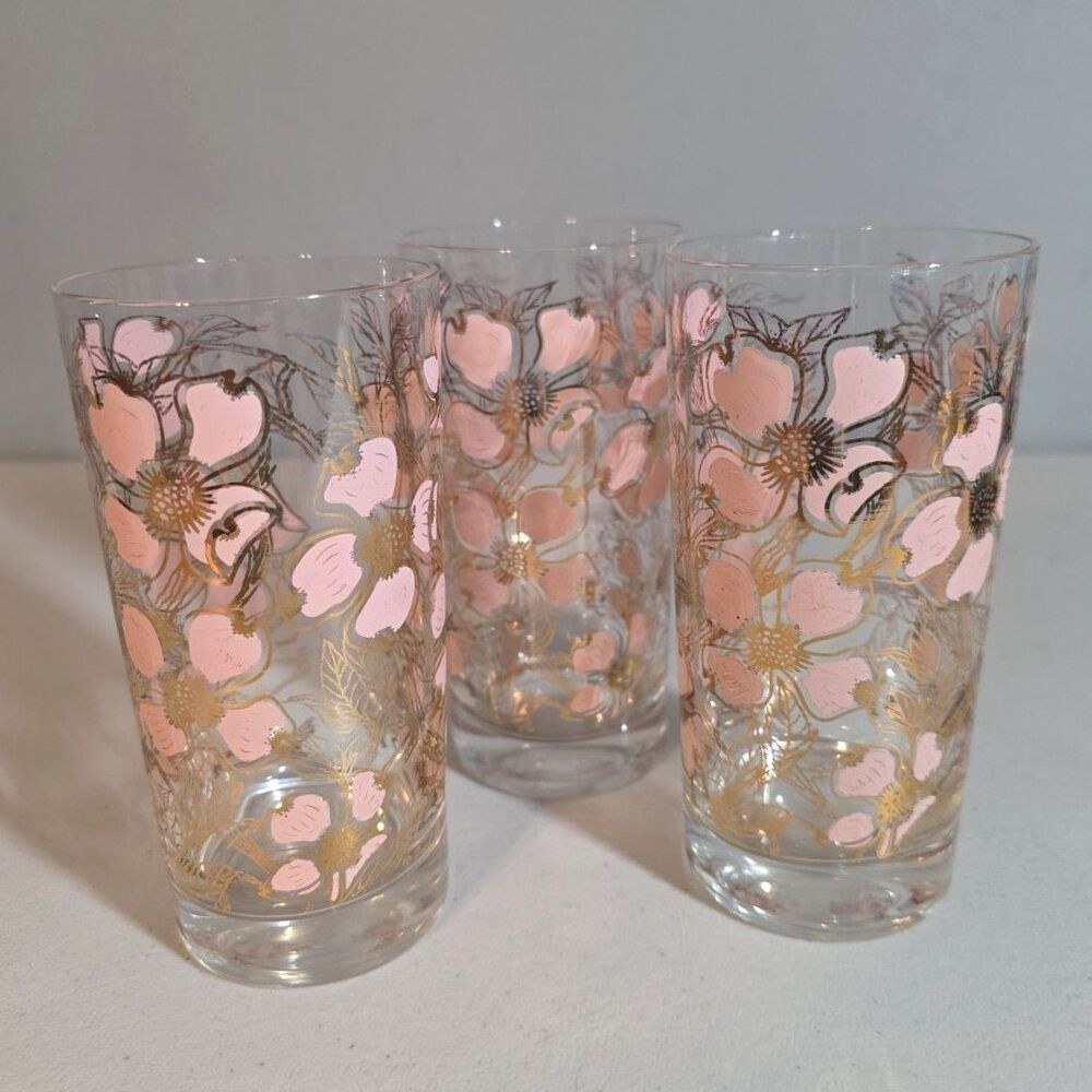 Fred Press Signed MCM Raised Pink & 22k Gold Dogwood Highball Glasses - Set of 3